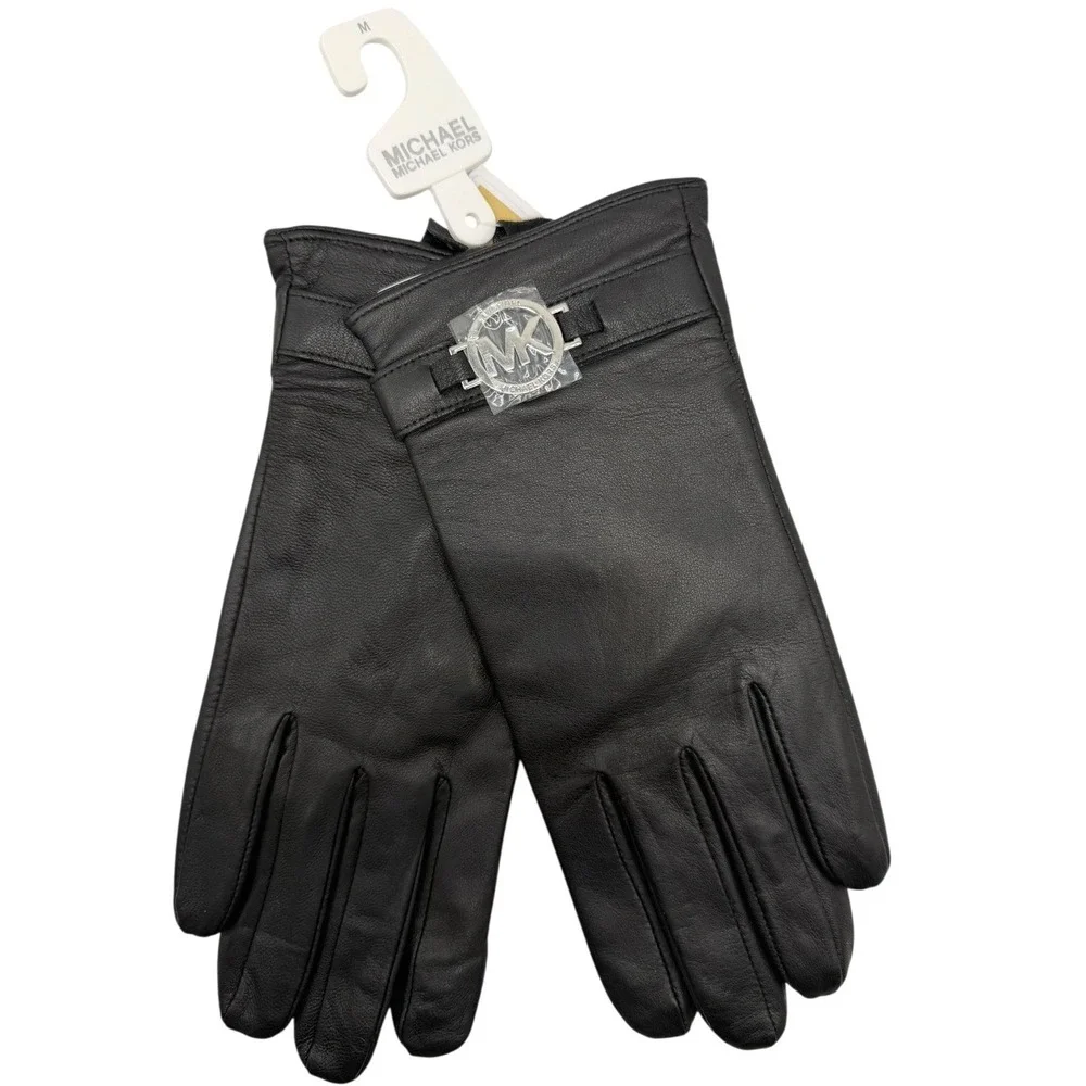 Michael Kors Gloves Womens Medium Black Leather MK Logo Tech‎ Gloves NWT Outdoor